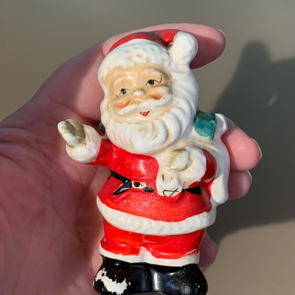 Vintage Handheld Ceramic Santa Figurine with taper holder- Red and White